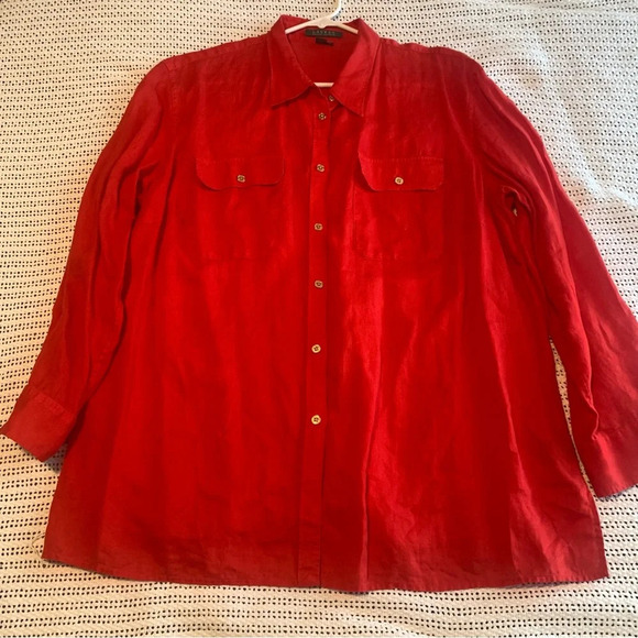 Lauren Ralph Lauren 2X Red 100% Linen Button Up Long Sleeve Shirt Black Label - Picture 5 of 14